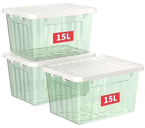 Cetomo 15L*3 Cajas de Almacenamiento con Tapas, Contenedores de Plástico con Broches de Enganche, Clip On, Apilables, Encajables, Organizador Rayado para Ropa Juguetes Armario, Verde Claro, 15L-3 Pack
