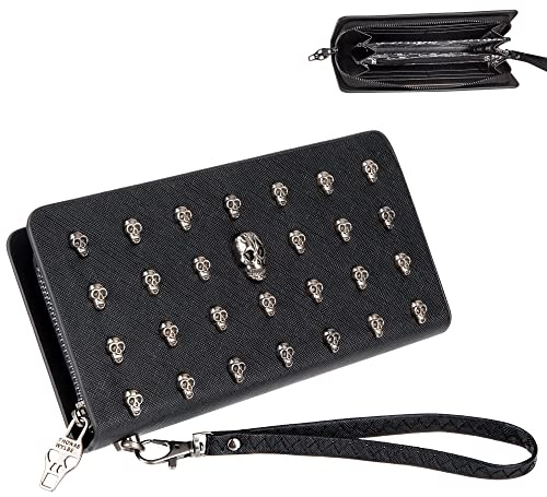 Newellsail Damen Lange Geldbörse PU Leder Reißverschluss Clutch Totenkopf Dekorative Portemonnaie Gothic-Stil Münztasche (Schwarz)