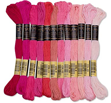 UMC STAG Lot de 12 fils à broder de qualité supérieure 100 % coton égyptien de qualité supérieure - Fil à broder pour point de croix - Coton certifié Oeko Tex (tons rose)