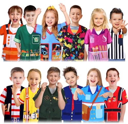 Jiuguva 12 Pcs Dress up Clothes for Kids Role Play Costume for Cosplay Career Costumes Astronaut Construction Worker Racer Engineer Pirate Painter Train Conductor Postman Pilot Barber Referee