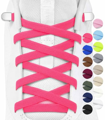 Stepace 2 Pares Cordones Elásticos sin Atar Planos de 6mm, Cordones de Zapatos Ajustables con Cierre de Metal para Niños, Adultos, Sneakers, Running y Triatlón Rosa Neón 120