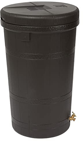 Good Ideas Aspen 50 Gallon Capacity Rain Barrel Water Storage Collector Saver with Brass Spigot and Removable Lid, Oak Brown (2 Pack)