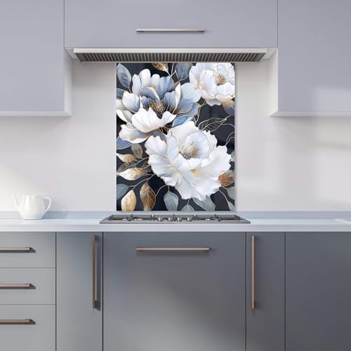 Premium Elegant Floral Symphony in Blue and Gold Kitchen Splashback 6mm Toughened Glass Kitchen Splashback – Heat Resistant Splashback for Kitchens, Perfect for Cookers and Hobs, Polished Edges