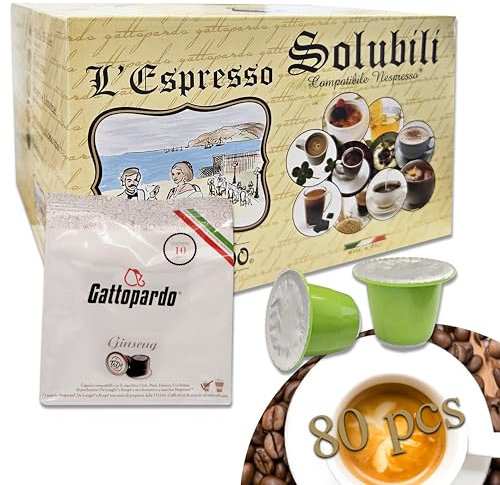 80 Capsule di Ginseng Compatibili con Nespresso Gattopardo - Solubili Monodose 80cc, Espresso Italiano