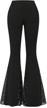 SOLY HUX Damen Hose Mode Schlaghose mit Mesh Leggins Casual Hosen Lange Hose Freizeithose mit Elastischem Bund Schwarz XL