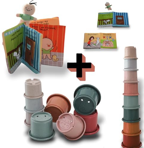 Lucknel® Montessori Babyleksak – interaktiv tygbok för potträning och handtvätt & stapelkopp med djurmotiv – pedagogisk leksak från 6 månader nyfödda