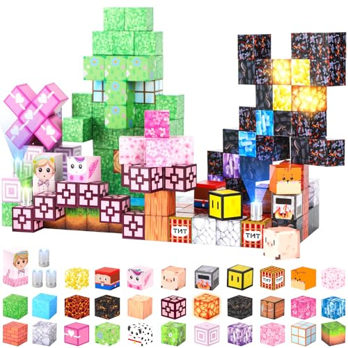 Bloques magnéticos de construcción con accesorios de luz LED, 160 piezas, juguete sensorial creativo STEM Montessori para niños a partir de 3 años, incluye bolsa de almacenamiento e instrucciones