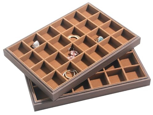 KunGe 2Pcs/Set Wood Jewelry Organizer Tray, Stackable 24 Grid Jewelry Display Tray for Drawer, Rings Earring Storage Case, Necklace Accessories Display Holder for Store Selling or Home Show
