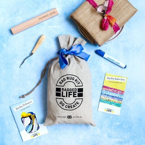 Ragged Life Rag Rug Making Kit - Introductory Set for Beginners - 100cm x 60cm Rug, Hemmed Hessian, Easy and Fun, Tools & Instructions Included (No Fabric)