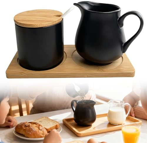 PORFOYO Set di latte e zucchero con coperchio e cucchiaio, brocca per latte in ceramica con vassoio in legno, zuccheriera barista, set da zucchero e crema da zucchero, lavabile in lavastoviglie e