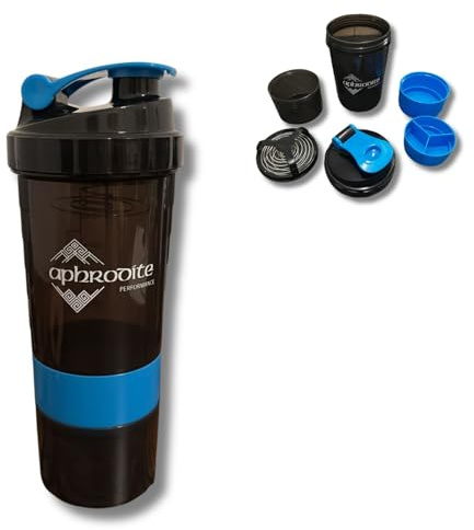 APHRODITE PERFORMANCE Shaker Proteínas 500ml con Compartimentos – Botella Mezcladora Gym con Muelle Integrado, BPA Free, Cierre Hermético, Ideal para Batidos y Suplementos Fitness