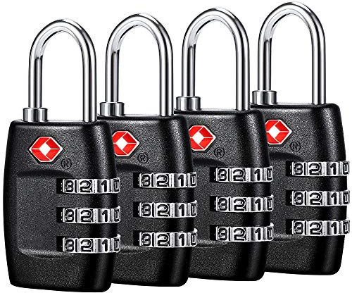 TSA Luggage Locks (4Pack) - 3 Digit Combination Padlocks - Approved Travel Lock for Suitcases & Baggage (Black)