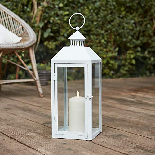 Lights4fun Weiße Metall-Laterne inkl. TruGlow® LED-Kerze mit flackernder LED-Flamme und Timer für Innen & Außen Garten Balkon Dekoration Windlicht Laternen Vintage Wetterfest 40 cm