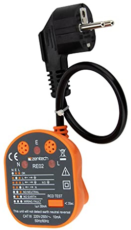 Zenitech - Steckdosen- und FI-Tester CATIII - 250V - Anzeige für Fehlende Phase/Neutralleiter/Erdung, P/T & P/N Umkehrerkennung, Steckdosenverdrahtungsprüfung - Sichere Elektroinstallation - Orange