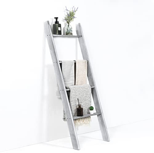 Tangkula 4-Tier Wooden Blanket Ladder, 4.5 ft Farmhouse Storage Rack, Wall Leaning Ladder Shelf Stand, Decorative Blanket Shelf for Living Room, Bathroom & Bedroom (Grey)