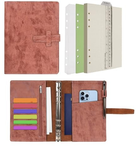 Wonderpool Diari Pelle 6 Raccoglitore ad Anelli Organizer per Cartelle con Carta Punteggiata, Quaderno Scrivere Ricaricabile e Copertina Multitasche per Viaggi di Lavoro (A5, Marrone)