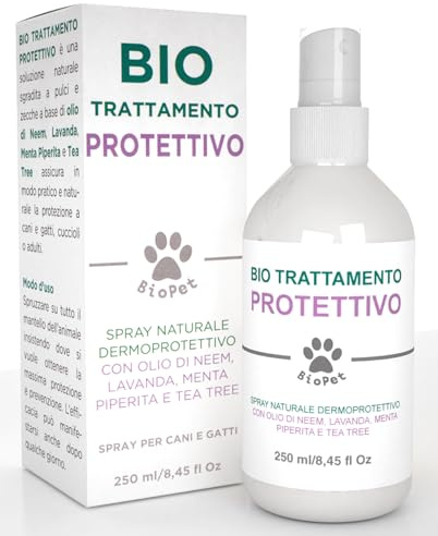Bio Pet Trattamento Protettivo Olio di Neem Spray per Cani e Gatti con Lavanda Menta e Tea Tree Effetto Barriera Repellente Naturale contro Pulci Zecche e Insetti - Flacone da 250ml