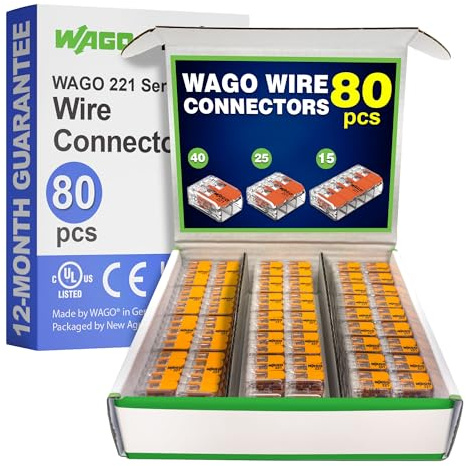 WAGO 221 Series 80pc Compact Splicing Wire Connectors | Includes (40x 221-412) (25x 221-413) (15x 221-415) | WAGO Wire Connectors | Electrical Splicing Lever Nuts | 221 Series Lever Nuts | 2-3-5 Ports