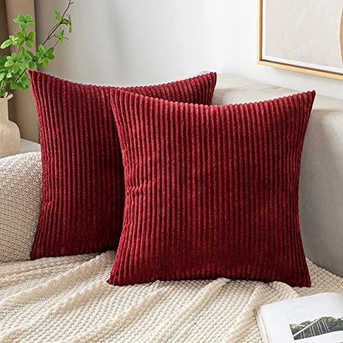 EMEMA Kissenbezug 40x40 cm Weihnachten Kordsamt Kissenbezüge Dekokissen Sofakissen Cord Kissenhülle Zierkissenbezug Kord Dekorative Weiche für Sofa Wohnzimmer Schlafzimmer 2er Set WeinRot