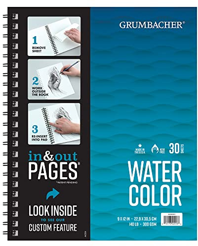 Grumbacher Bloc de papel de acuarela de prensa fría de 9 x 12 pulgadas con páginas de entrada y salida, 140 libras. / 300 g/m², encuadernado con alambre superior, 30 hojas/bloc, 1 cada uno