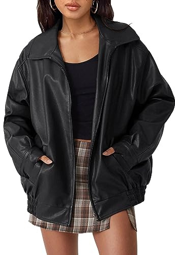 AUTOMET Women's Oversized Faux Leather Jacket - Fall Motorcycle Style Coat with Zipper Closure Black S