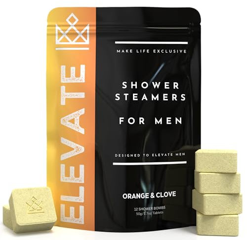 Shower Steamers for Men - Elevate - Citrus Orange & Clove Organic Shower Bombs for Elevated Mornings - 12 Pack of Relaxing Tablets - Strong Scented Long Lasting Aromatic Steamers
