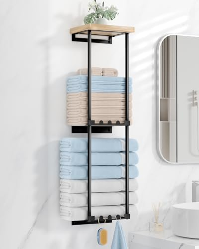 HapiRm Towel Rack wall Mounted - 2 Tier Bathroom Towel Storage with Wooden Rack & 6 Hooks, Wall Storage Rack & Holder for Bathroom or Toilet Organisation, Black