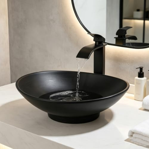 MEKKHALA Black Oval Bathroom Vessel Sink with Faucet and Drain Combo | 16x14 Resin Basin Bowl, Abover Counter Bowl Sinks, for Modern Bathroom Vanity