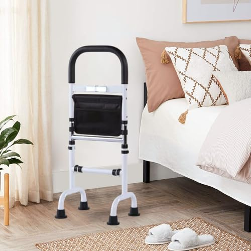 Barre d'appui avec LED pour seniors, barre d'appui pour seniors réglable en hauteur en 6 niveaux, barre d'appui de lit avec 4 coussinets antidérapants, barre d'appui pour toilettes et canapé, support