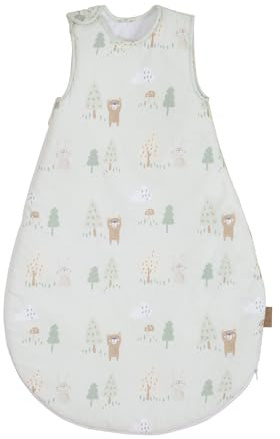 roba babysovsäck Woodland Buddies 90 cm – andningsbar, hudvänlig bomull – ärmlös året runt-sovsäck med djurmotiv i pastellgrönt för bebisar.