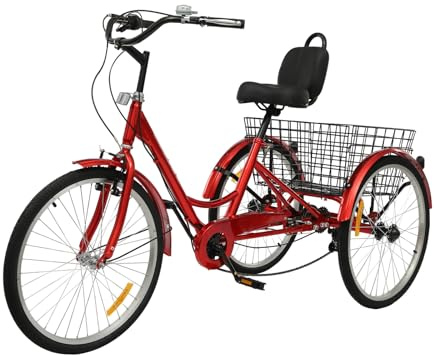 Ealtqund Trehjuling för vuxna 24 tum 7-växlad vikbar med mugghållare, främre ljus 3-hjuls cykel 210 kg lastkapacitet för inköp, fritid och seniorer, röd