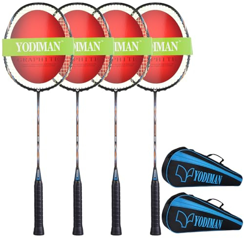 YODIMAN 4-Pack Graphite Badminton Rackets - Ultra-Lightweight with High Elasticity & Shock Absorption, Pre-Wrapped Grip, Includes 2 Large Badminton Bags