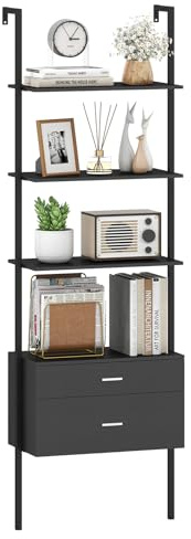 COSTWAY Libreria a Scala 184 cm, Scaffale da Parete a 6 Ripiani con 2 Cassetti e Struttura in Metallo, Ripiano Espositivo Aperto Moderno per Soggiorno Studio Ufficio, 60 x 30 x 184 cm (Nero)