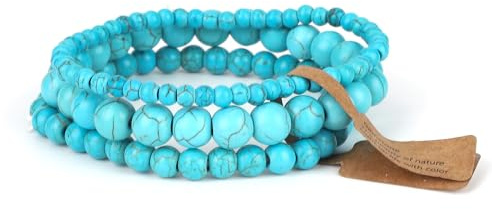 Mikovivi 3pcs Turquoise Bracelet, 3 Sizes Turquoise Beaded Bracelet Green Stone Fidget Jewelry Blue Gemstone Elastic Bead Chain for Women Men Friends Coworkers