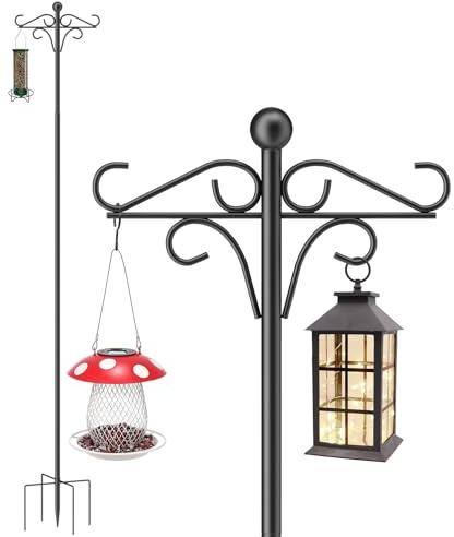 QIZENME Bird Feeders Hanging Station, 193cm Free Standing Metal Feeding Pole and Hanger Heavy Duty Bird Feeding Stand Shepherd Crook Hook for Outdoor Garden Light Lantern (1 Pack)