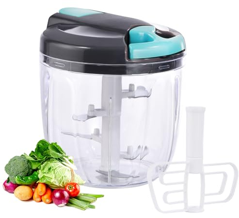 VegCuutPull & Chop Food Processor, Portable Multi-Function Manual Food Processors & Hand Chopper/Mixer/Blender for Veggies, Ginger, Fruits, Nuts, Herbs 9OOml(Blue)