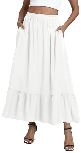 EXCHIC Mujer Casual Boho Volantes Elástica Cintura A-Line Maxi Falda Volantes Swing Playa Larga Falda con Bolsillos (M, Blanco)