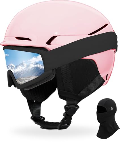 Ski Helmet with Goggles Mask Set,DXH-811 Snowboard Helmet for Adults-with 9 Vents, ABS Shell and EPS Foam, Snow Helmets for Men Women Youth (Pink, M)