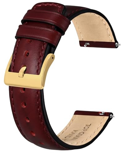BISONSTRAP Correa de Reloj de Cuero para Hombre y Mujer, Cuero Aceitado Pull-Up, Correas de Reemplazo con Liberación Rápida, 18mm, Burdeos (Hebilla Dorada)