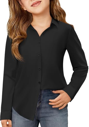 Haloumoning Blusas de manga larga con botones para niñas, camisa básica de un solo color, botón de abajo, ajuste regular, uniforme escolar, 5-14 años, Negro , 7-8 años