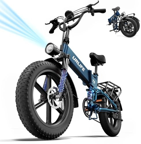 URLIFE Folding Electric Bike, 20 * 4.0 Inch Fat Tire E-Bike for Adult 48V 13AH Removable Battery, 80-100KM Long Range, Full Suspension for All Terrains, Electric Mountain Bike with LED (BLUE)