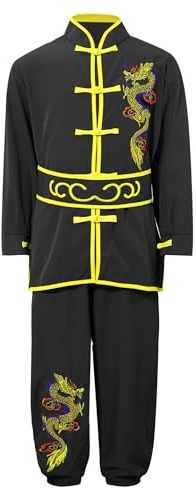 Alvivi Disfraz Chino Tradicional de Wushu Qi Gong Tai Chi Marciales Artes para Niños Uniformes de Artes Marciales con Bordado de Dragón Estampado Chándales Negro 15-16 años