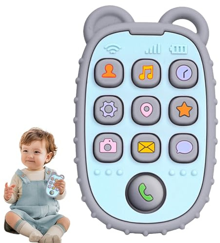 Aolso Teething Toys for Baby, Silicone Phone Press Teether for Babies 3 Months+, BPA-Free, Gum Pain Relief, Sensory Toy for Babies, Baby Chew Toys-Grey Bear