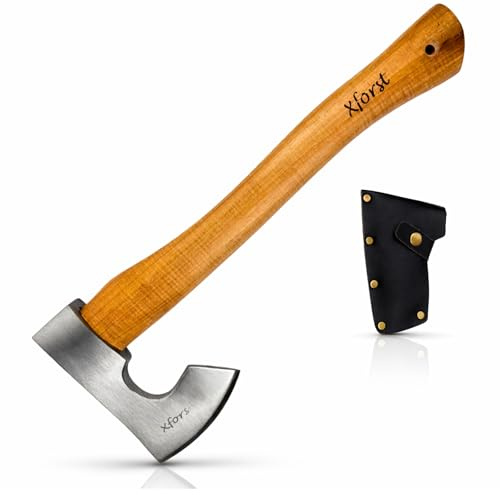 Ascia Vichinga Xforst 38 cm – Accetta Bushcraft per Campeggio, Sopravvivenza e Outdoor – Testa Forgiata Acciaio al Carbonio, Manico in Hickory Americano, Fodero in Vera Pelle, 0,86 kg – X-H6