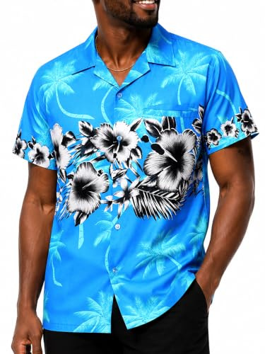King Kameha Funky Hawaii-skjorta för män, kortärmad, frontficka, Hawaii-tryck, blommor, brösttryck, Turkos, L