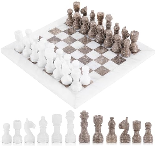 Radicaln Set di scacchi in marmo da 30,5 cm, bianco e grigio, gioco da tavolo di lusso fatto a mano per adulti, scacchiera classica in pietra e pezzi, regalo di alta qualità per la notte del gioco per