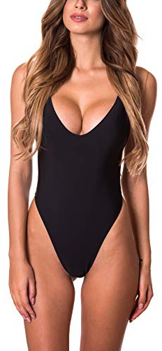 RELLECIGA Costume Donna Intero Monokini High Cut One-Piece String Thong Bikini Nero S