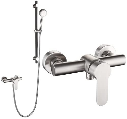 SYZMA Sistema Doccia Completo Colonna da Doccia Set Doccia con Doccetta Kit Asta Doccia con Miscelatore Monocomando, Regolabile in Altezza, Acciaio Inossidabile Spazzolato