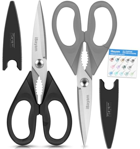 iBayam All Purpose Kitchen Scissors, Kitchen Shears with Protective Sheath Durable Stainless Steel Sharp Scissors, Dishwasher Safe, Soft Grip Handle for Cooking Food Herb Pizza Salad Seafood, 8.5 Inch