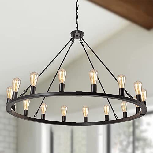 Rviezza 16-Light 48 Large Wagon Wheel Chandelier,Farmhouse Chandelier, Rustic Vintage Black Round Pendant Light Fixtures for Kitchen Island Dining Living Room Foyer Entryway